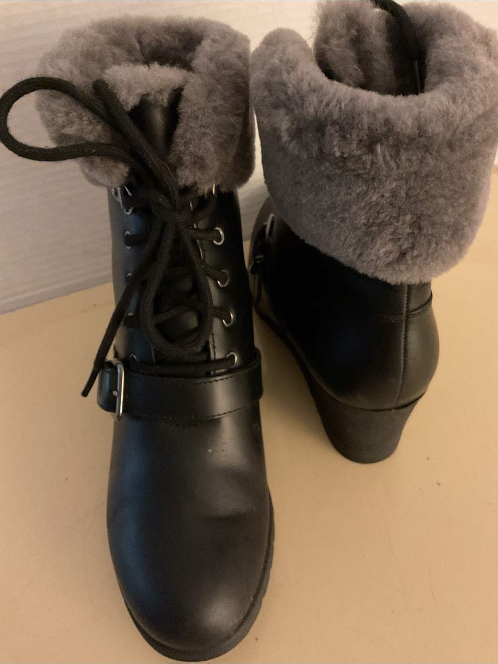 Ugg women black leather shearling platform waterproof wedge Janney boots US 8